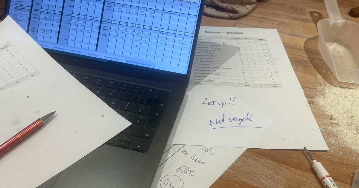 Werktafel in de bakkerij met een laptop vol productieplanning-Excel, een handgeschreven bakmatrix en losse notities tussen het bloem