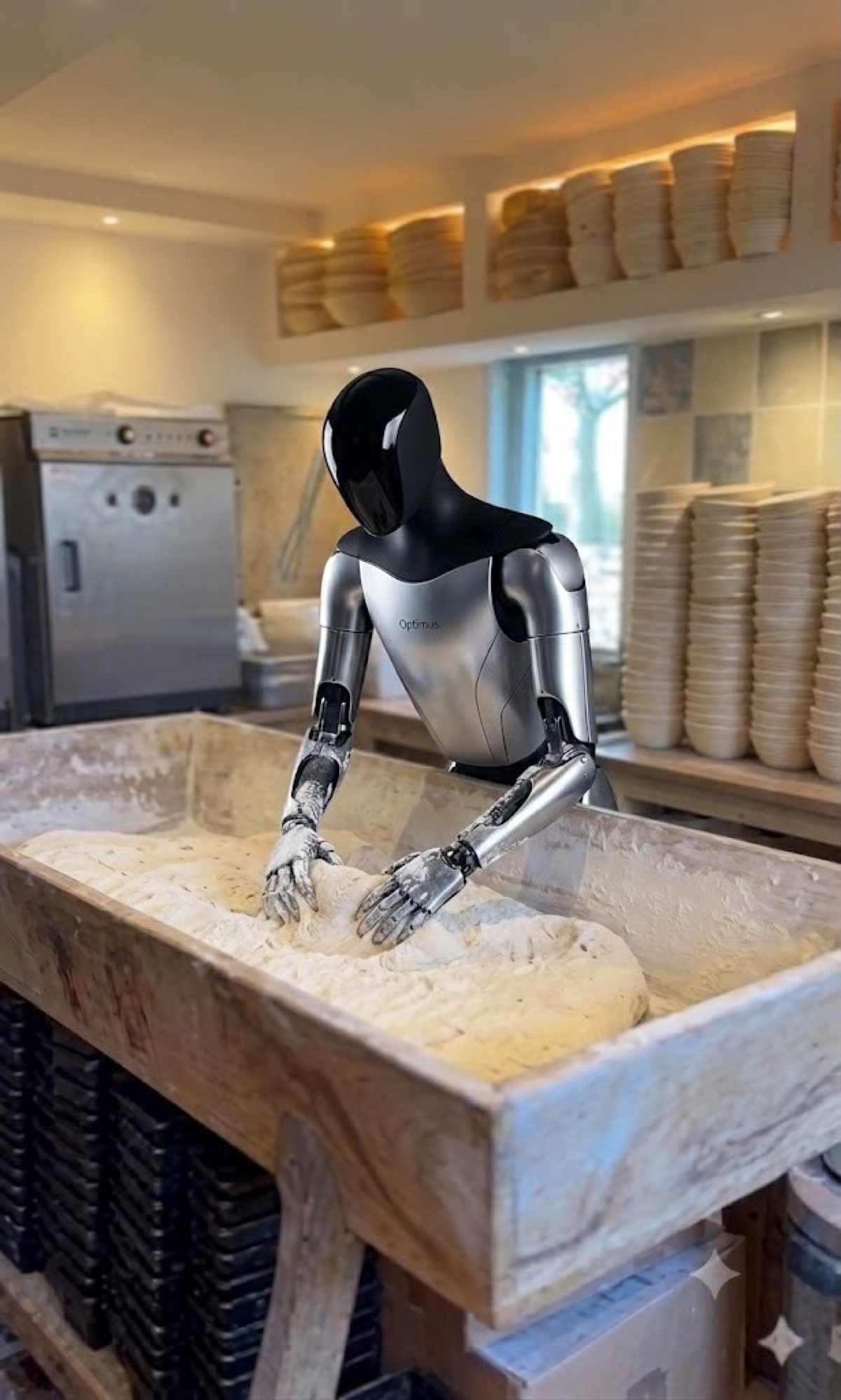 Een humanoïde robot kneedt met de hand deeg in de eiken trog